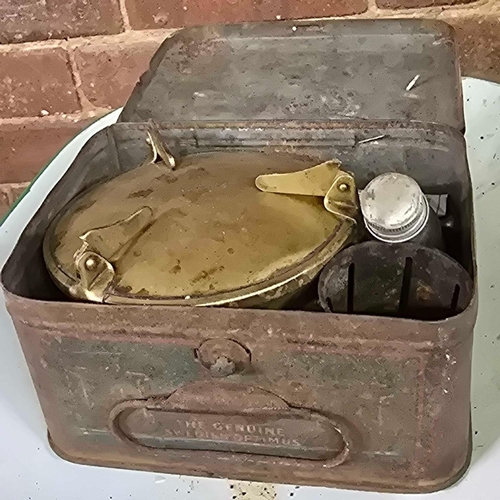 187 - VINTAGE SET OF W & T AVERY LTD WEIGH SCALES WITH WEIGHTS & A TIN WITH CAMPING STOVE A/F