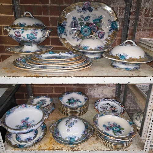 195 - 2 SHELVES OF TABLEWARE, MEAT PLATED, SOUP TUREENS BY SYDENHAM & OTHER PLATES BY AMHERST, JAPAN