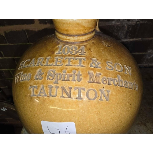 196 - STONE GLAZED FLAGON MARKED SCARLET & SON, WINE & SPIRIT MERCHANTS, TAUNTON