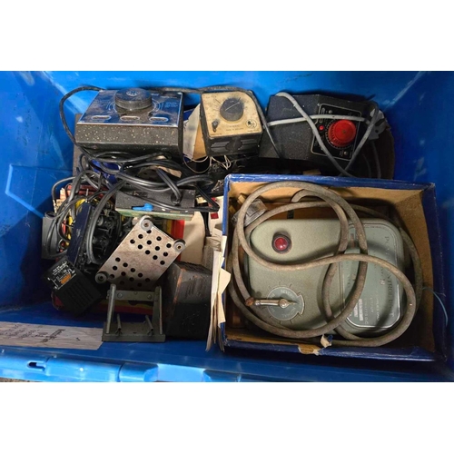 209 - A CRATE WITH TRIANG, HORNBY, MECCANO VINTAGE CONTROLLERS ETC & OTHER ACCESSORIES