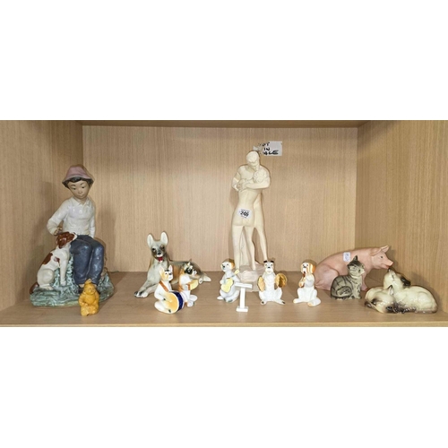 246 - SHELF OF VARIOUS CHINA FIGURES INCL; 2 BESWICK CATS, DOGS ETC