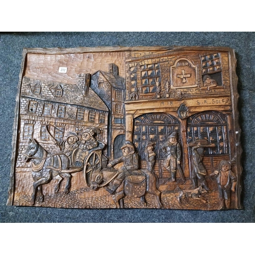 272 - LARGE HEAVILY CARVED WOODEN PANEL DATED 1978 SIGNED S.R SOLF, 2ft 8'' WIDE X 2ft HIGH