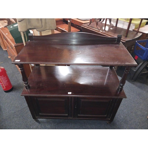 274 - MAHOGANY BUFFET WITH SHELVING & CUPBOARDS BELOW ON CASTERS