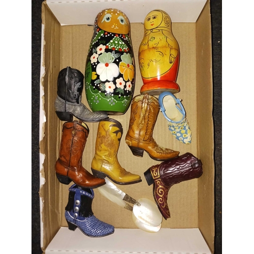 372 - BOX OF BOOT ORNAMENTS, 2 RUSSIAN DOLLS & 2 M.O.P SPOONS