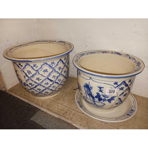 373 - 2 LARGE BLUE & WHITE PLANT POTS