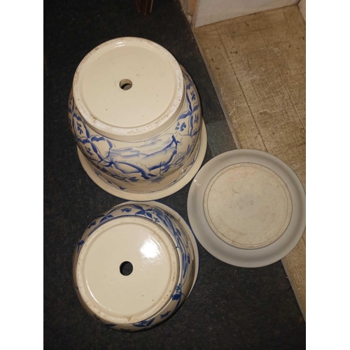 373 - 2 LARGE BLUE & WHITE PLANT POTS