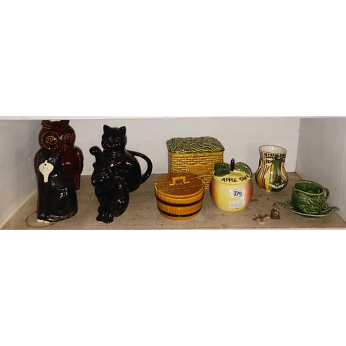 379 - SHELF OF VARIOUS CHINAWARE INCL; CATS, AN OWL, TEA BAG CONTAINER ETC