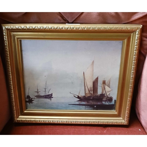 381 - F/G PRINT OF A DUTCH YACHT & OTHER VESSELS, BECALMED, A GILT PRINT OF A REGATTA ON THE GRAND CANAL &... 