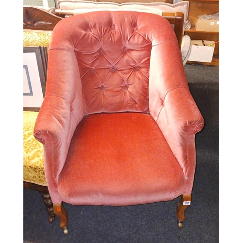 382 - ANTIQUE BUTTON BACK RED BEDSIDE CHAIR