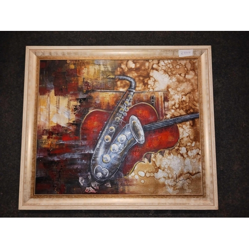 444 - FRAMED OIL ON CANVAS DEPICTING A SAXOPHONE & A DOUBLE BASS