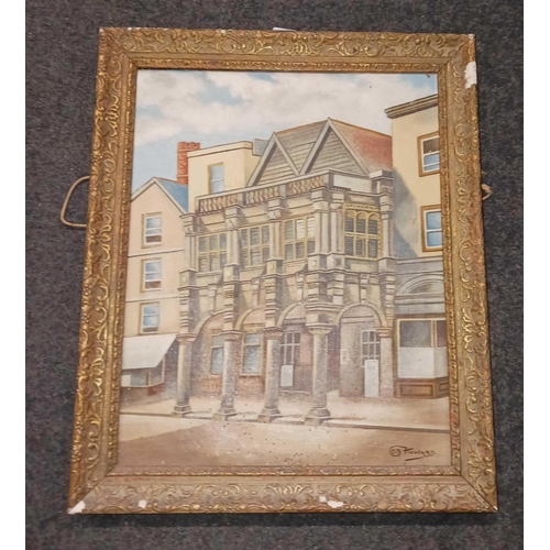 445 - FRAMED OIL ON CANVAS DEPICTING EXETER GUILD HALL SIGNED BOTTOM LEFT OB HOWARD