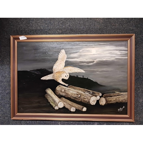 446 - LARGE GILT PRINT ON BOARD THE HAY WAY BY JOHN CONSTABLE & A FRAMED OIL OF OWL LANDING ON LOGS