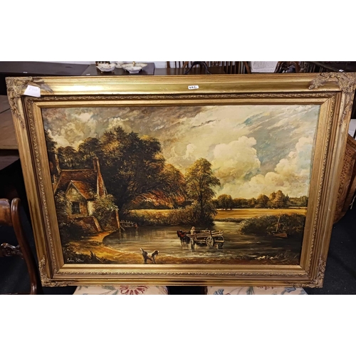 446 - LARGE GILT PRINT ON BOARD THE HAY WAY BY JOHN CONSTABLE & A FRAMED OIL OF OWL LANDING ON LOGS