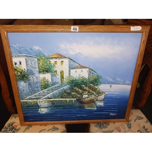 456 - F/G OIL ON BOARD OF AN ITALIAN HARBOUR SCENE, F/G PRINT OF TALL SHIP, FERRIES & AIR BALLOONS