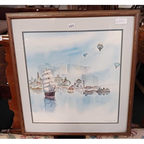 456 - F/G OIL ON BOARD OF AN ITALIAN HARBOUR SCENE, F/G PRINT OF TALL SHIP, FERRIES & AIR BALLOONS