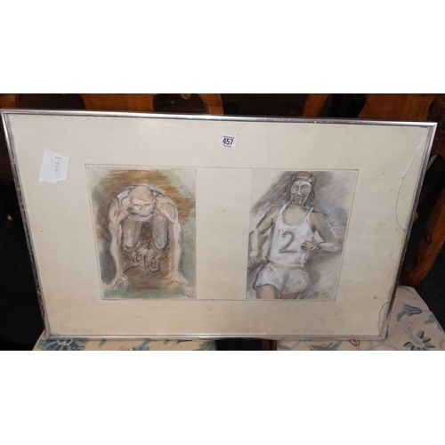 457 - F/G COLOURED PENCIL DRAWINGS OF ATHLETES, SIGNED BOTTOM RIGHT, GLASS HAS CRACKS