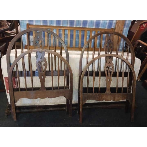 459 - PAIR OF OAK SINGLE BED HEADBOARDS & FOOT BOARDS WITH SIDE IRONS & 2 ORTHOSOFT SINGLE MATTRESSES