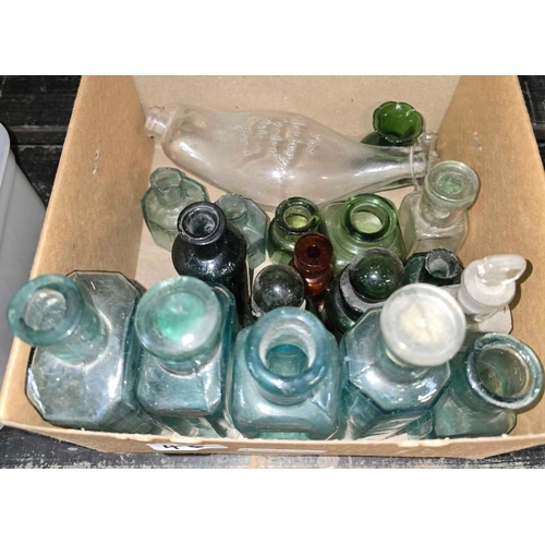 48 - 3 STONEWARE POTS, QTY OF VINTAGE BOTTLES & 3 INK STONE GLAZED CONTAINERS