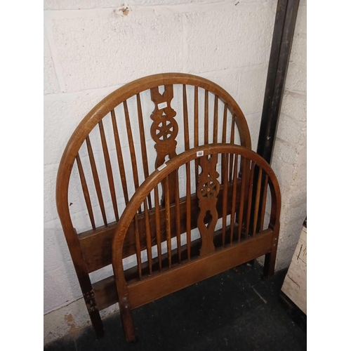 482 - OAK WHEEL BACK PAIR OF BED ENDS & IRONS