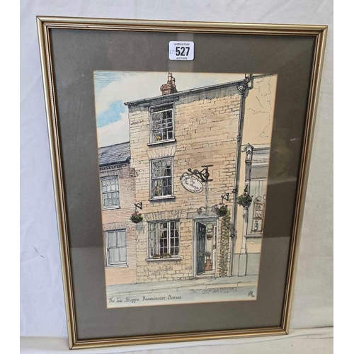 527 - ORIGINAL WATERCOLOUR OF THE TEA SHOP, BEAMINSTER, DORSET, 19 X 14''