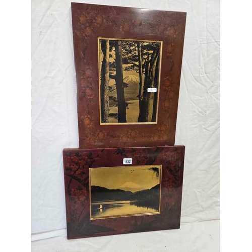 532 - GOOD PAIR OF DECORATED ORIENTAL LACQUER FRAMES WITH GILDED JAPANESE LANDSCAPES FEATURING MOUNT FUJI,... 