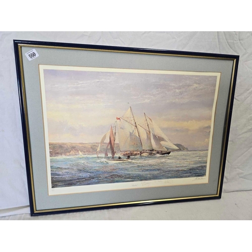 550 - LIMITED EDITION COLOUR PRINT OF SAILING YACHT, ''HOSHI'' BY MICHAEL LEES, SIGNED WITH 3 OTHER CREW? ... 