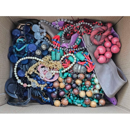 609 - BOX OF COSTUME JEWELLERY, LEATHER BELTS ETC