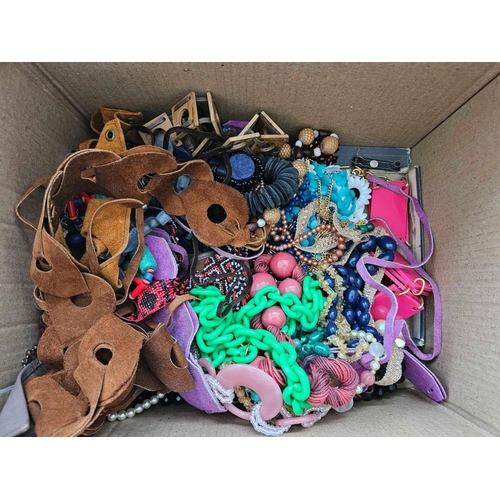 609 - BOX OF COSTUME JEWELLERY, LEATHER BELTS ETC