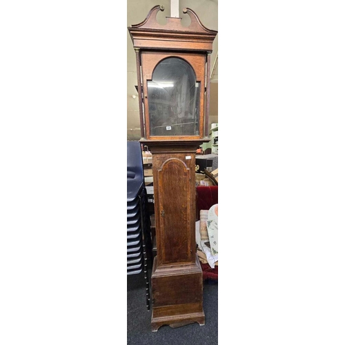 612 - OAK LONG CASED CLOCK WITH 8 DAY MOVEMENT WITH PAINTED ARCHED DIAL, WITH SECONDS & CALENDAR BY Q. JAM... 