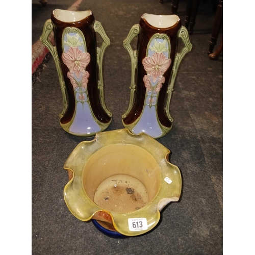 613 - ROYAL DOULTON JARDINIERE & A PAIR OF VASES