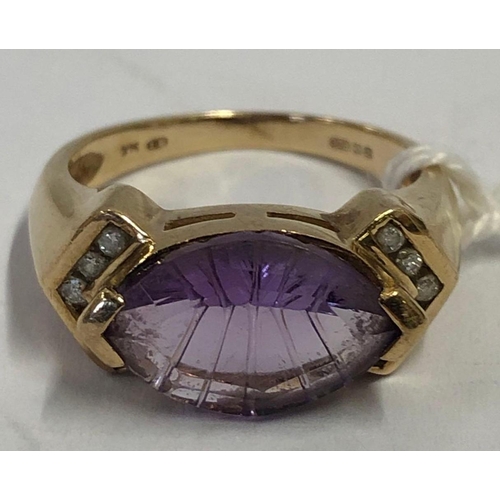 642 - AN AMETHYST & DIAMOND SHOULDERED RING IN 9ct, SIZE 'M', 3.7g