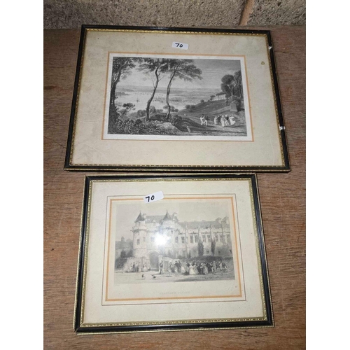 70 - 2 ADVERTISING FRAMED PICTURES, ONE WITH GLASS CRACKED & 2 OTHERS