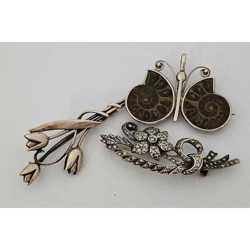 721 - SILVER BROOCHES (3) (BUTTERFLY, TULIP & FLORAL)