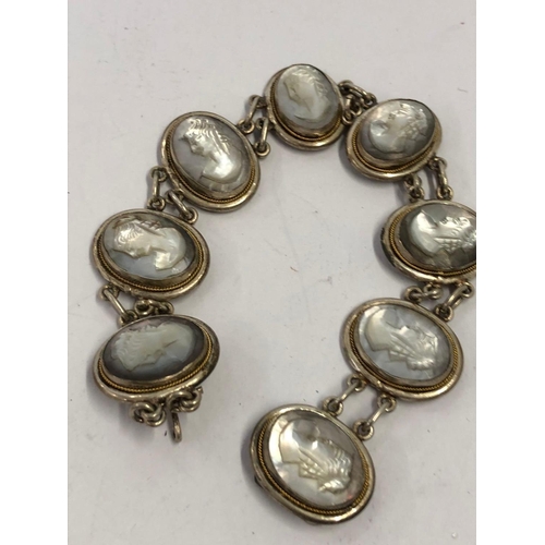 733 - M.O.P & SILVER CAMEO BRACELET, CHINESE SILVER BRACELETS, MARCASITE & SILVER BRACELET.