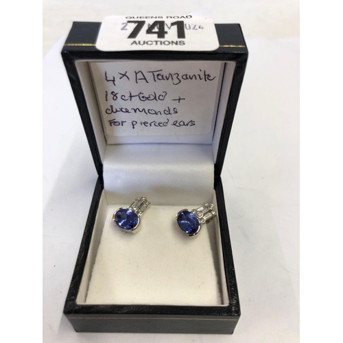 741 - PAIR OF 18ct GOLD TANZANITE & DIAMOND EARRINGS FOR PIERCED EARS