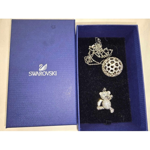 872 - 5 BOXED SILVER CHAINS & PENDANTS & A SWAROVSKI BALL NECKLACE & TEDDY BEAR