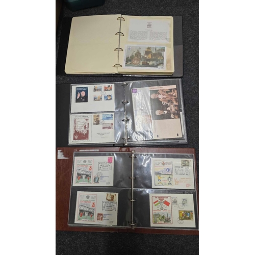 910 - CARTON WITH ALBUM SIR WINSTON CHURCHILL FDC'S + POSTCARDS, ALBUM LORD NELSON COIN COVERS + STAMPS + ... 