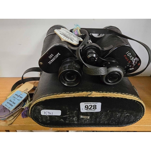 928 - PAIR OF COX ZENASCOPE 10 X 50 BINOCULARS A/F WITH CARRY CASE & HORSE RACING VISITORS PASSES