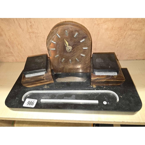 986 - PRESENTATION ART DECO MARBLE DESK SET WITH 2 INK WELLS