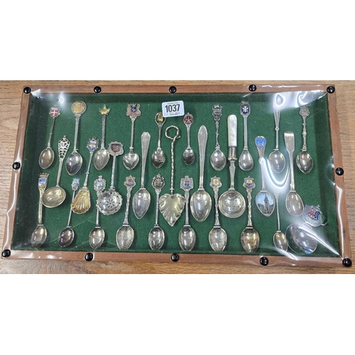 1037 - FRAME OF SOUVENIR COLLECTOR SPOONS INCL; WALES & LISBAN