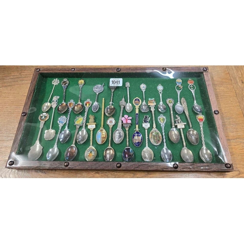 1041 - FRAME OF SOUVENIR COLLECTOR SPOONS INCL; NEW ZEALAND & SINGAPORE