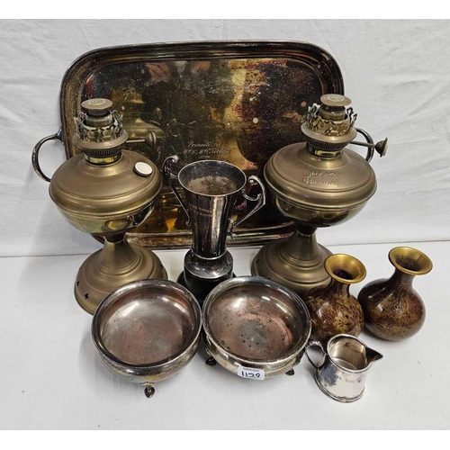 1129 - TRAY, PAIR PLATE BOWLS AND A TROPHY + LAMPS