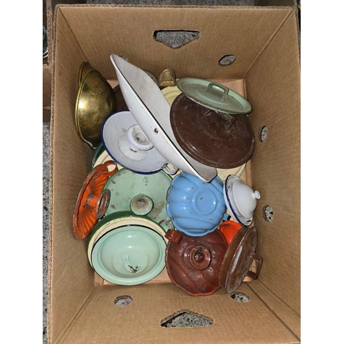 121 - 2 CARTONS WITH MISC ENAMEL, CANDLE HOLDERS, POT LIDS, SPRING POCKET BALANCES, SALTER, 200 lb SPRING ... 