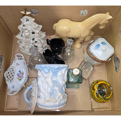 145 - CARTON WITH MISC GLASS & CHINAWARE INCL; A HORSE & A TABLE BELL