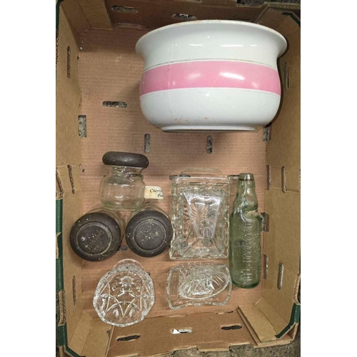 187 - CARTON WITH MISC GLASSWARE, CHAMBER POT & VINTAGE COD BOTTLE FOR OKEHAMPTON