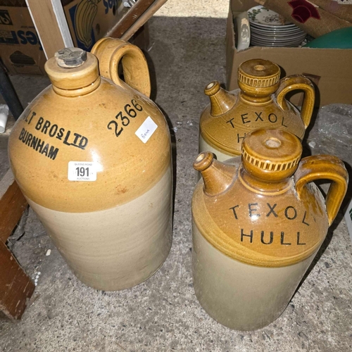 191 - 3 STONE GLAZED FLAGON'S, 2 BY TEXOL HULL & HOLT BROS. LTD BURNHAM