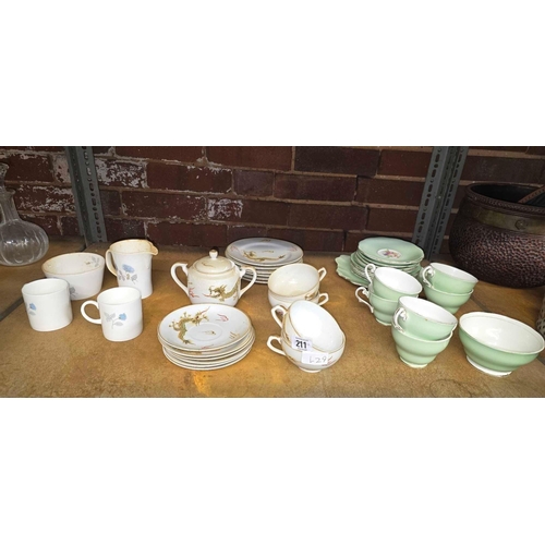 211 - SHELF WITH MISC WEDGWOOD CHINA, JAPANESE TEA SET WITH GEISHA FACE CUPS & ROYAL STANDARD TEA CUPS, PL... 