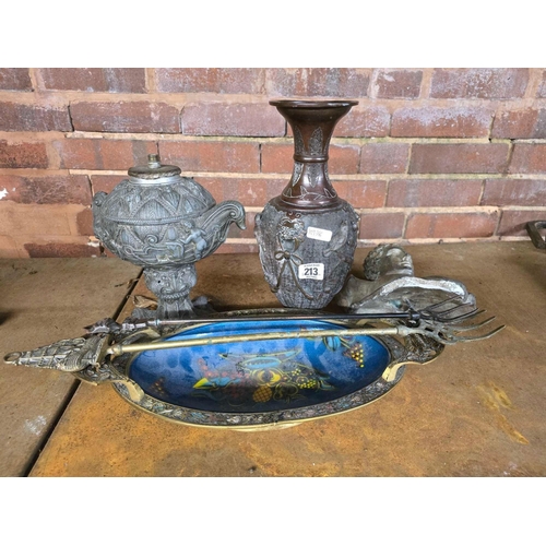 213 - BRONZE EFFECT VASE, PLASTER BUST, ORNATE METAL LAMP BASE, 2 TOASTING FORKS &  BRASS ENAMEL DISH