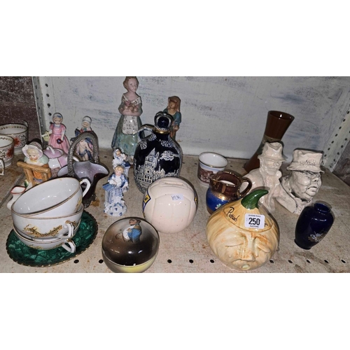 250 - SHELF OF MISC CHINA INCL; FIGURES, 3 GEISHA FACE CUPS, AN ONION POT & OTHER CHINA