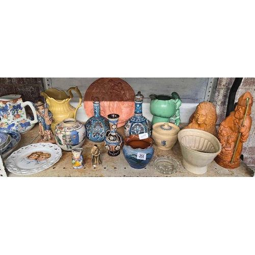 251 - SHELF OF MISC CHINA INCL; SILVAC VASE WITH CHIP, EARTHENWARE FIGURES, FIGURINES & OTHER CHINA